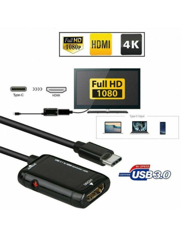 Type C USB-C To HDMI Black Adapter USB 3.1 TV Cable For MHL Android Phone Tablet
