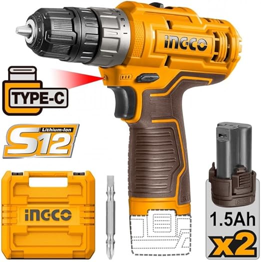 Ingco Rechargeable Drill, 12 Volt, 2 Battery 1.5 Ah , 20 Newton, 2 Speeds, Yellow, CDLI12202